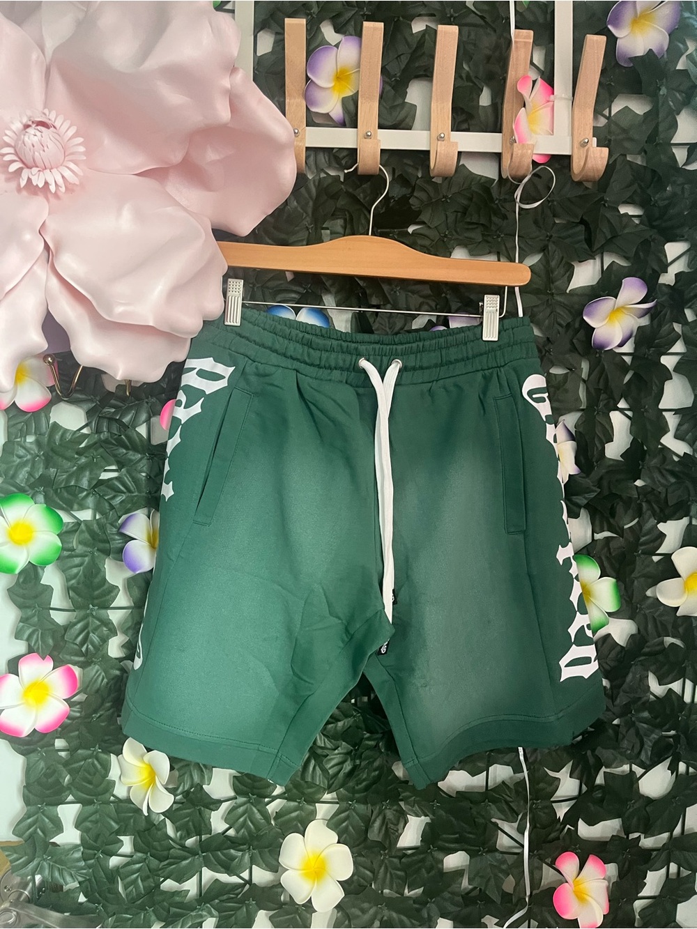 Fear of God Dark Green Athletic Drawstring Shorts with White Side Lettering